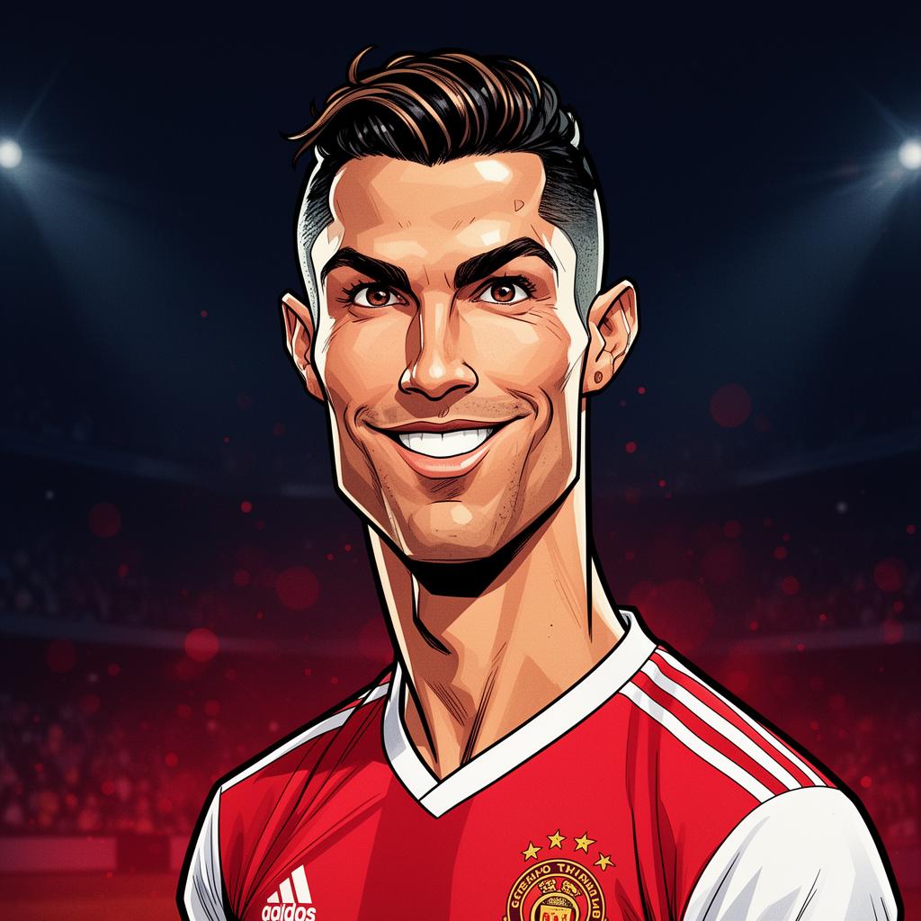 Cristiano Ronaldo caricature illustration in red home football jersey — Portuguese GOAT, 5× Ballon d'Or winner and all-time top international goalscorer Cristiano Ronaldo caricature illustration in red home football jersey — Portuguese GOAT, 5× Ballon d'Or winner and all-time top international goalscorer