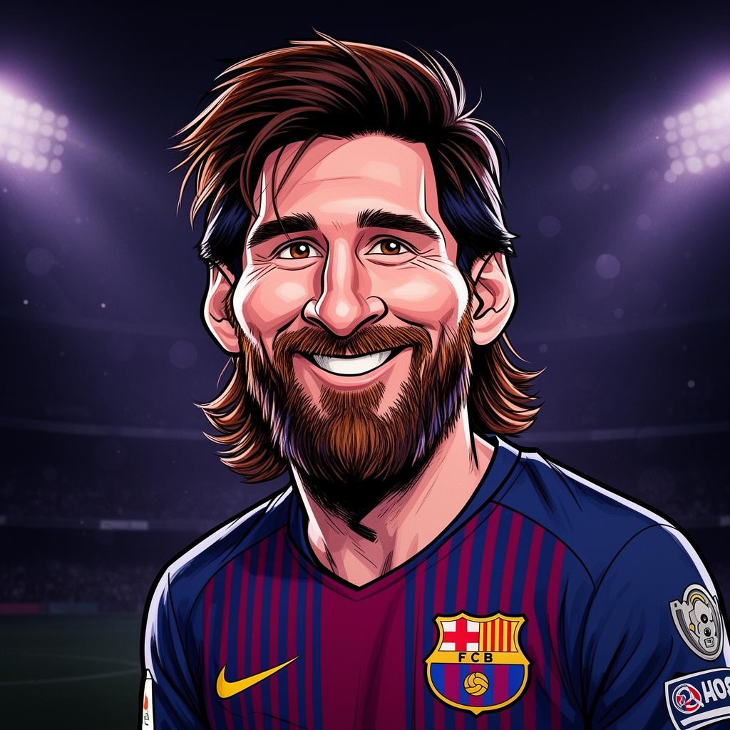 Lionel Messi caricature illustration in FC Barcelona blaugrana jersey — Argentine GOAT, 8× Ballon d'Or winner and 2022 World Cup champion Lionel Messi caricature illustration in FC Barcelona blaugrana jersey — Argentine GOAT, 8× Ballon d'Or winner and 2022 World Cup champion